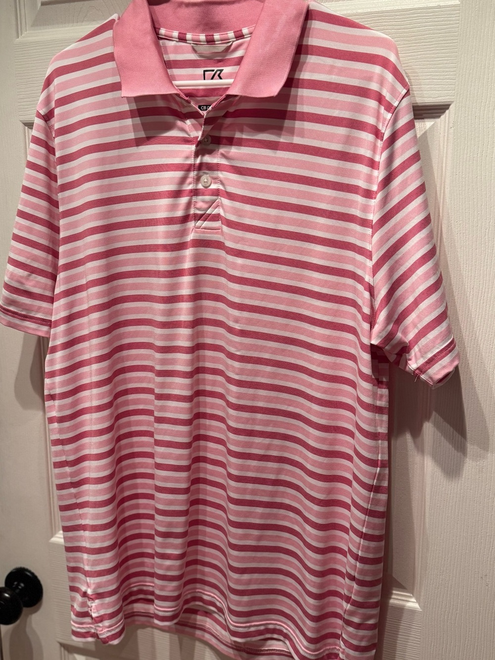 Men’s Cutter & Buck Drytec Pink & White Striped Performance Active Golf Polo L